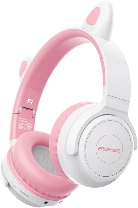 Promate Kids Wireless Bluetooth Headphones, Kawaii Style Wired/Wireless Foldable Headphones with Attached LED Cat Ears, 93Db Safe Volume Limit, Mic, AUX, TF Card Slot and 40H Playtime, Panda , BUBBLEGUM JAZEERATALAHLAM