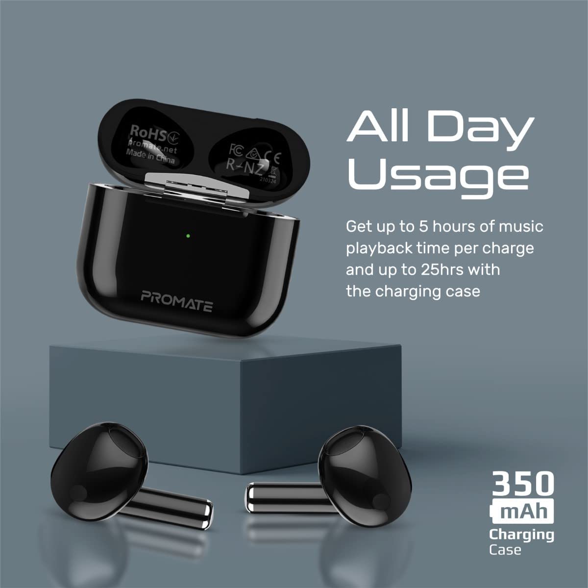 Promate True Wireless Earbuds, High Fidelity In-Ear Bluetooth v5.0 Earphones with Built-in Mic, 25H Playback Time, Touch Controls, Auto Pairing and Wireless Charging Case, FreePods-2 Black JAZEERATALAHLAM