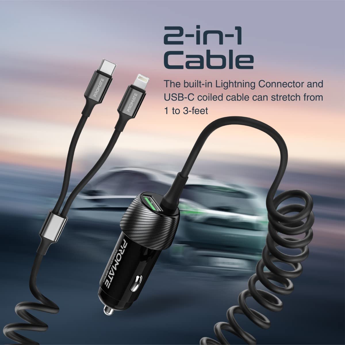 Promate Car Charger with Cable with QC 3.0 Port, 33W PD USB-C and Lightning Coiled Cable, PowerDrive-33PDCI JAZEERATALAHLAM