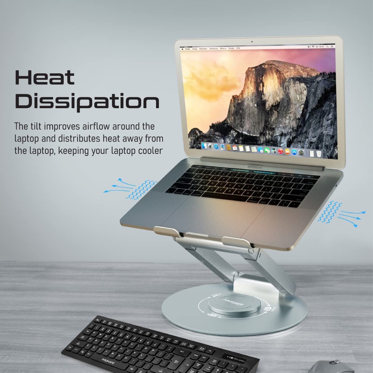 Promate Laptop Stand, Adjustable Sit to Stand Aluminum Laptop Riser with Anti-Slip Pads, 360-Degree Rotation, Heat Dissipation, Extendable Height and Portability for MacBook Pro, DeskMate-6 JAZEERATALAHLAM