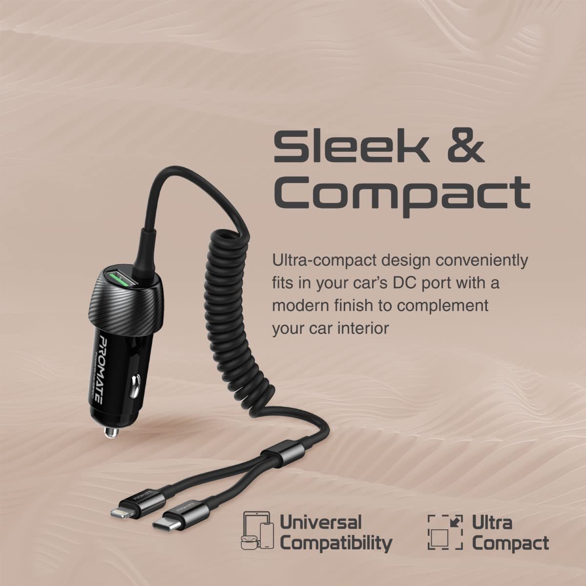 Promate Car Charger with Cable with QC 3.0 Port, 33W PD USB-C and Lightning Coiled Cable, PowerDrive-33PDCI JAZEERATALAHLAM