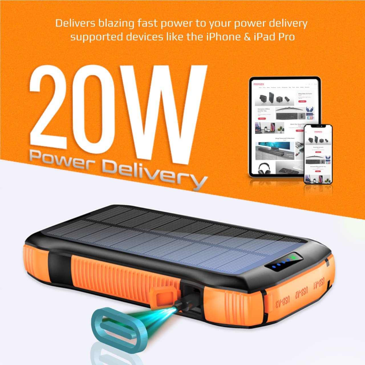 Promate 20000mAh Power Bank, Solar Powered Portable Charger with Wireless Charging, USB-C Power Delivery Port, QC 3.0 Port, 5V/3A USB Ports, IP66 Protection and LED Light, SolarTank-20PDQi JAZEERATALAHLAM