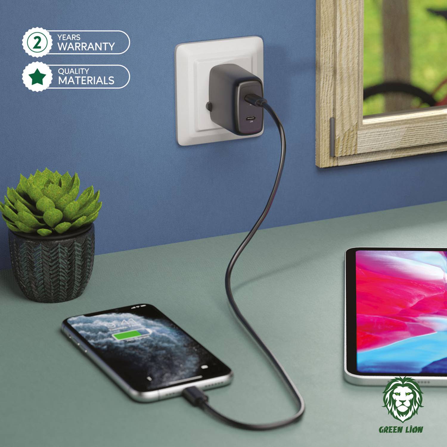 Green Lion Dual Port USB-C Wall Charger 40W UK – Black JAZEERATALAHLAM